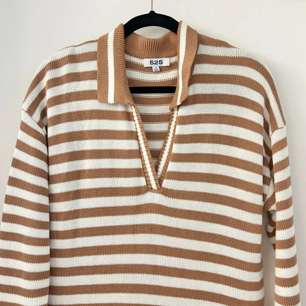 525 America Raya Stripe Polo Knit Sweater Dress in Walnut Multi Size M LIKE NEW
